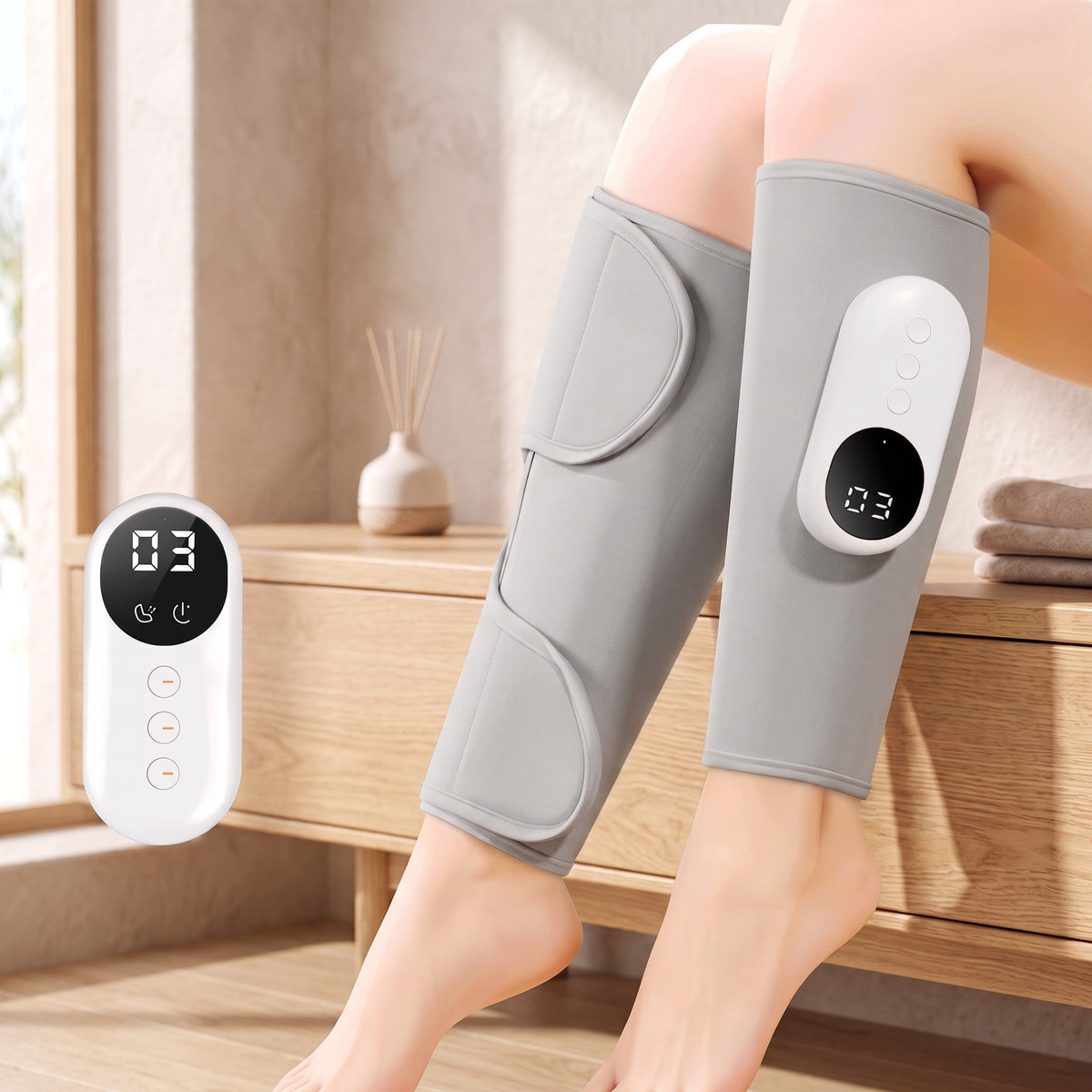 Close-up of the leg massager control panel with digital display